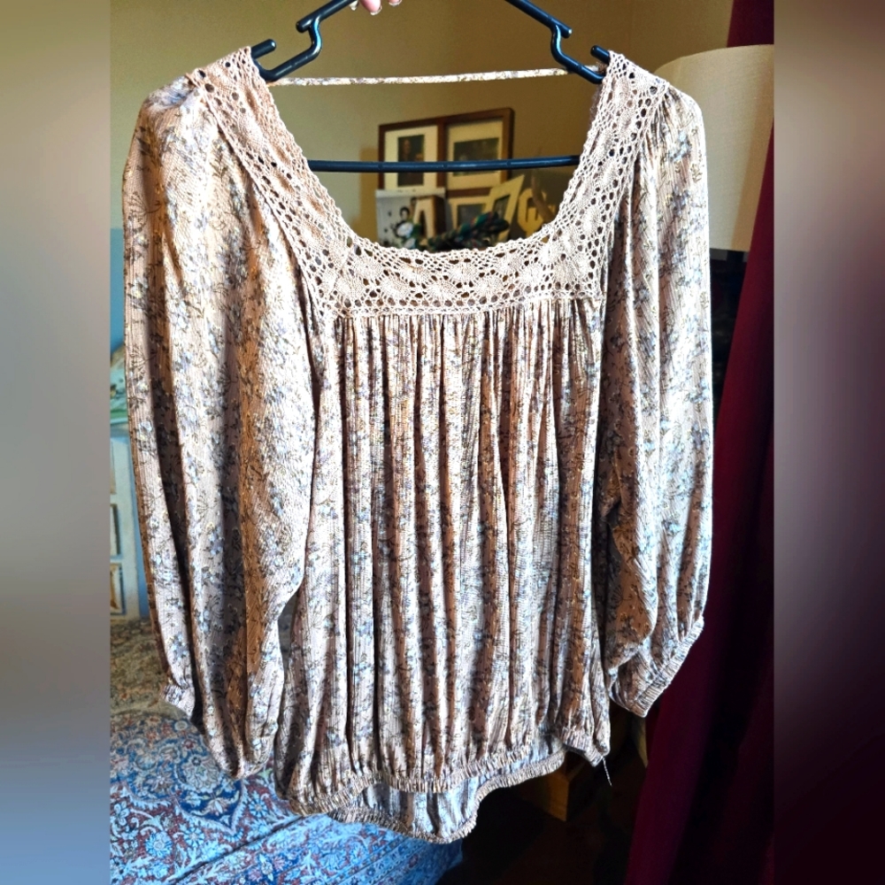 Women's Tan Shirt with Crochet Trim Sz Large